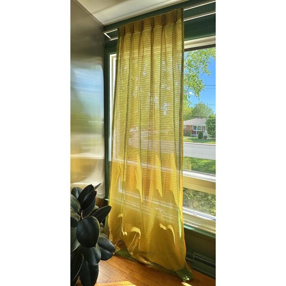 Vintage 70s pleated curtains, green mesh over golden yellow solid liner, single - Picture 1 of 10